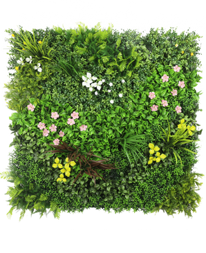 Die künstliche Hecke Vitality 100 x 100 cm UV ist eine quadratische Platte mit dichtem grünem Kunstlaub und verstreuten Büscheln kleiner rosa, gelber und weißer Blüten vor einem weißen Hintergrund.